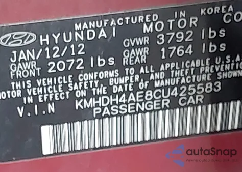 2012 Hyundai Elantra Limited (Ulsan Plant) from USA, damaged, VIN KMHDH4AE8CU425583